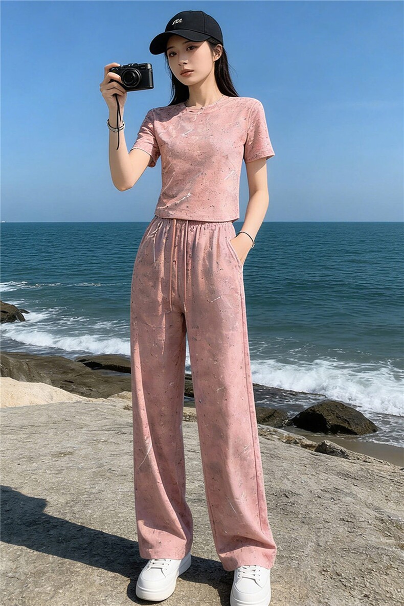 潮牌时尚休闲运动套装女夏季新款粉色扎染圆领短袖上衣长裤两件套,女装套装/套裙,江南