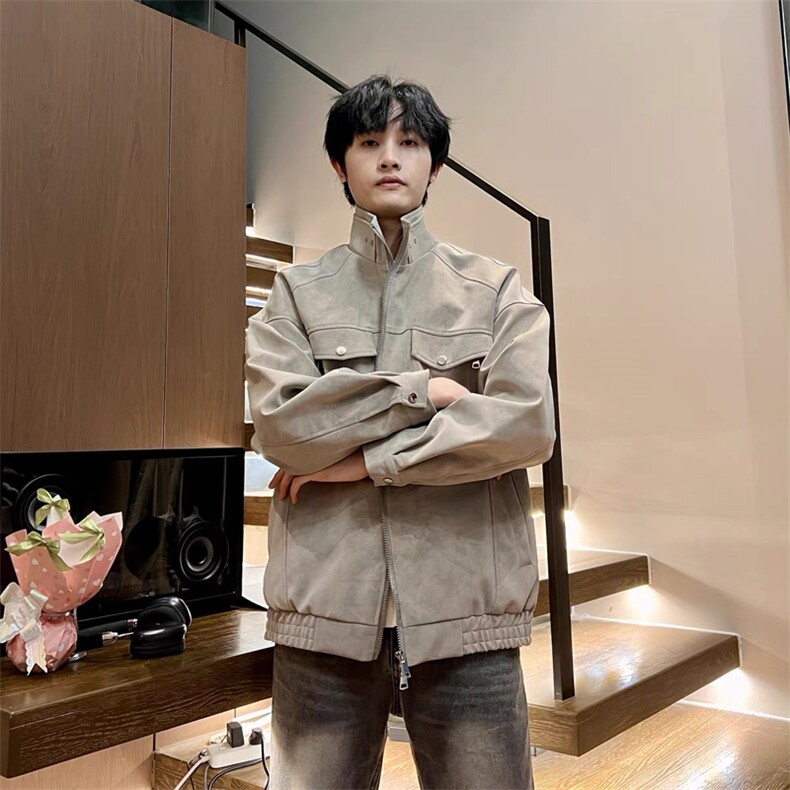 美式复古PU皮夹克男2025春季新款潮流高级感宽松翻领休闲工装外套,男装夹克,星座514-2(原B239)