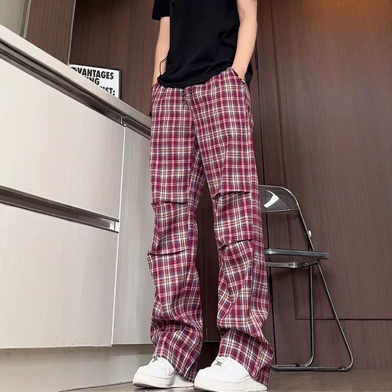 秋季新款美式复古红色格子裤男褶皱微喇直筒裤透气免烫休闲裤长裤图片