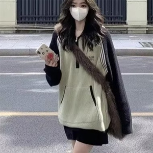 拼色毛衣秋冬季美式复古百搭宽松半开拉链针织衫卫衣外套SWJ778
