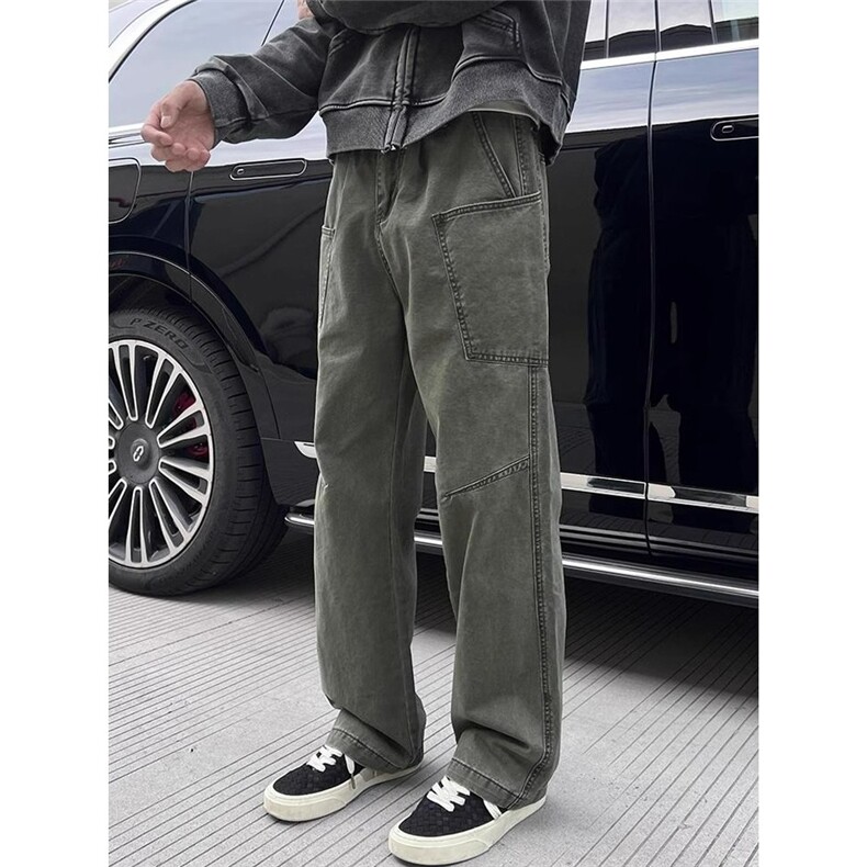 军绿色多口袋弯刀工装裤男款秋季潮牌美式复古裤子直筒微喇牛仔裤，男装工装外套，星座1210-1