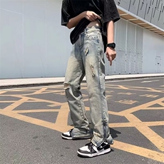 美式高街vibe潮牌破洞牛仔裤男款新款夏季宽松设计感男生裤子，男装牛仔裤，星座1013