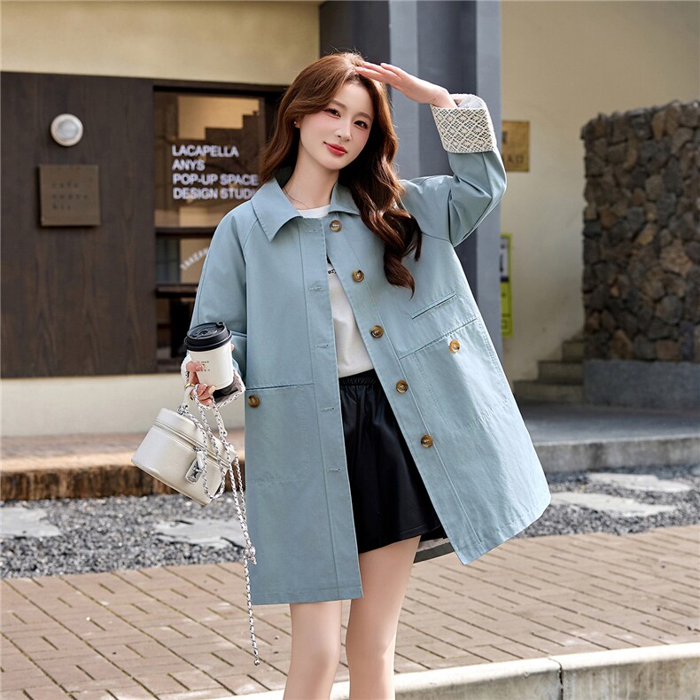 风衣女2026春新款宽松显瘦气质时尚中长款韩系单排扣洋气风衣外套，女装风衣，冬木谷雨