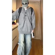 重磅秋冬装北极绒开衫毛衣美式复古休闲慵懒风针织衫加厚连帽外套，男装针织衫/毛衣，电商A486