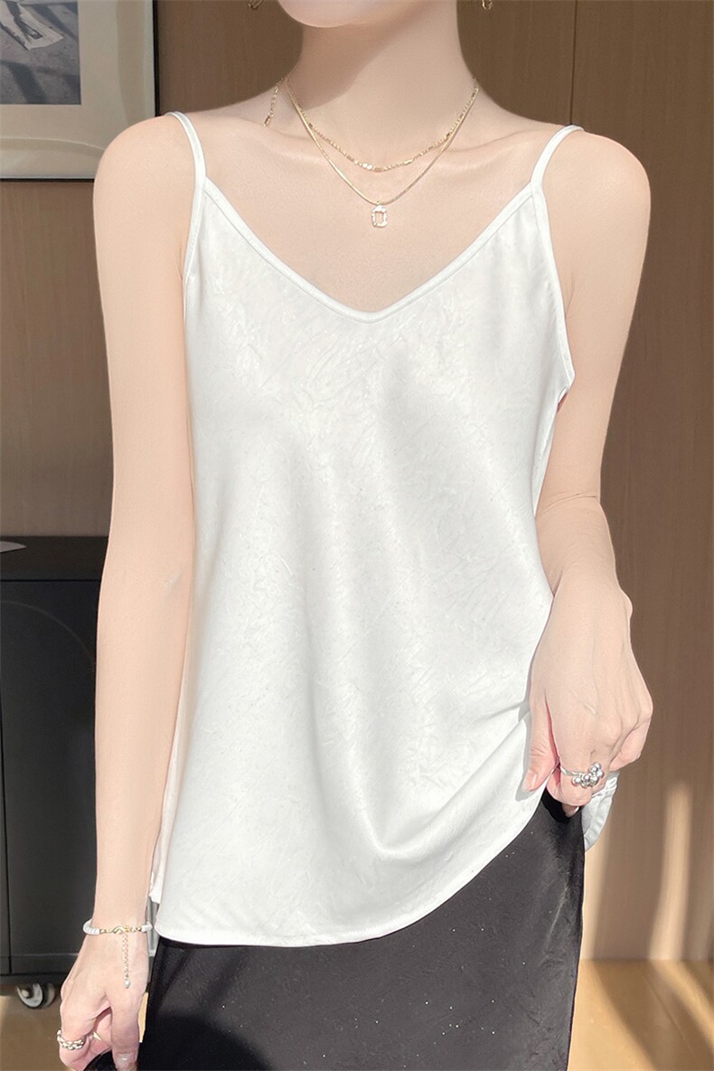 夏季新款缎面真丝吊带背心女V领提花亮丝上衣宽松醋酸内搭打底衫,女装背心吊带,佳绒高端店