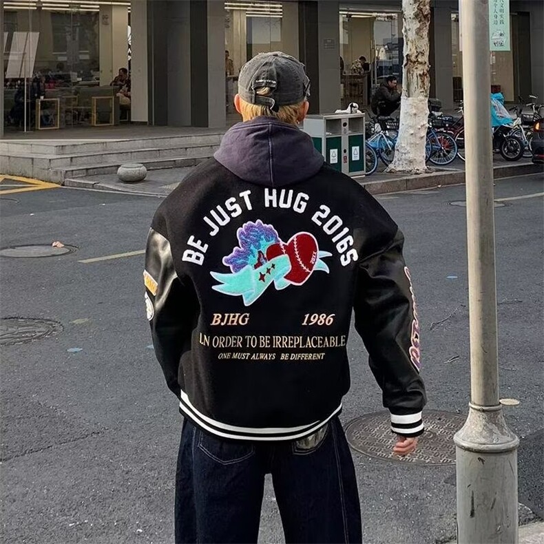 B1024-P78美式皮袖刺绣棒球服夹克百搭简约ins气质慵懒流行新款,男装T恤,电商B323A