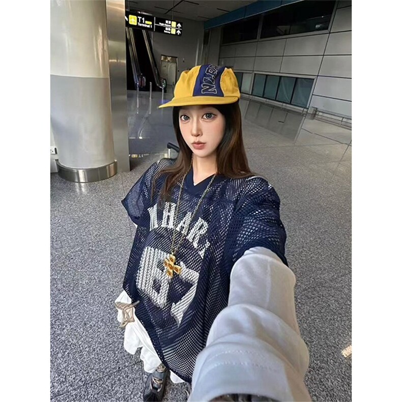 夏季大网眼球衣美式街头复古印花球服短袖t恤男女夏季TA85-P37,男装T恤,星座208-5