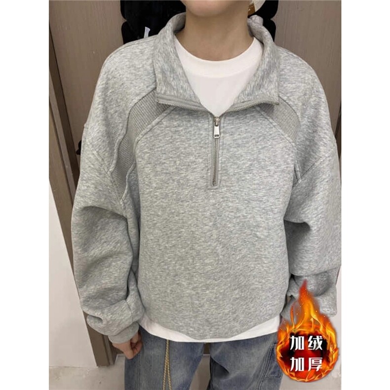 重磅纯棉半拉链卫衣男美式复古纯色宽松休闲翻领机车春秋加厚外套,男装工装外套,星座715-4