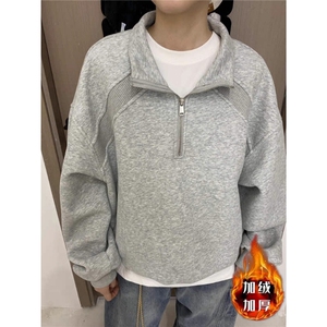 重磅纯棉半拉链卫衣男美式复古纯色宽松休闲翻领机车春秋加厚外套图片