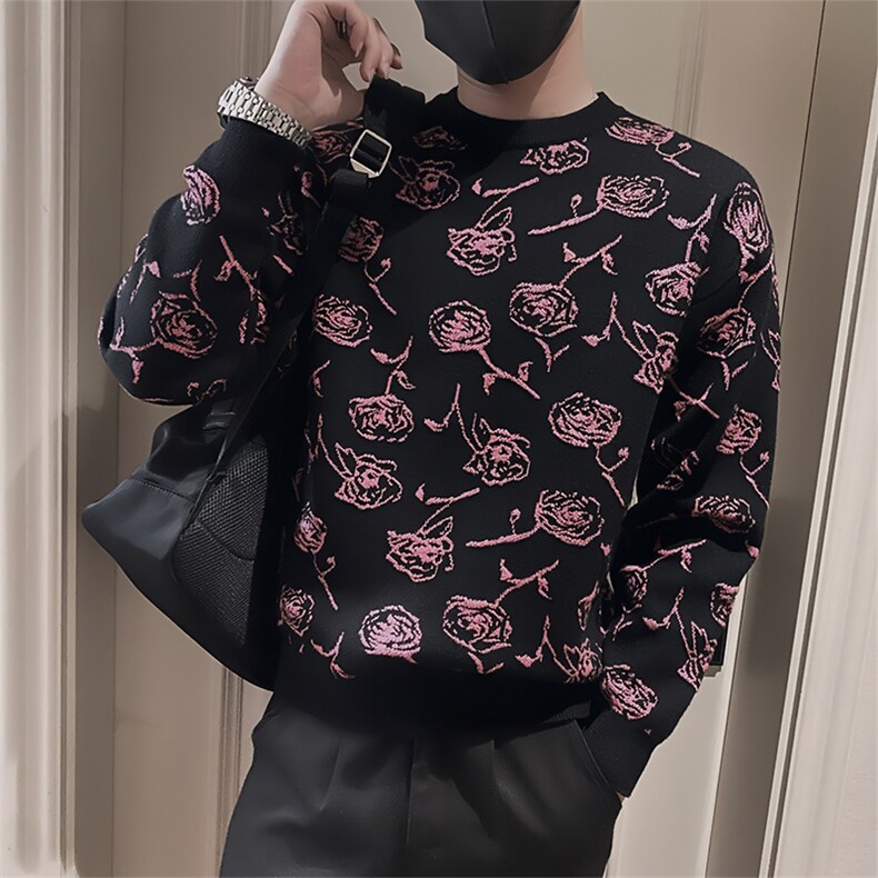 LV281/P78控108 冬季美式满身提花针织衫圆领毛衣男黑首2图片
