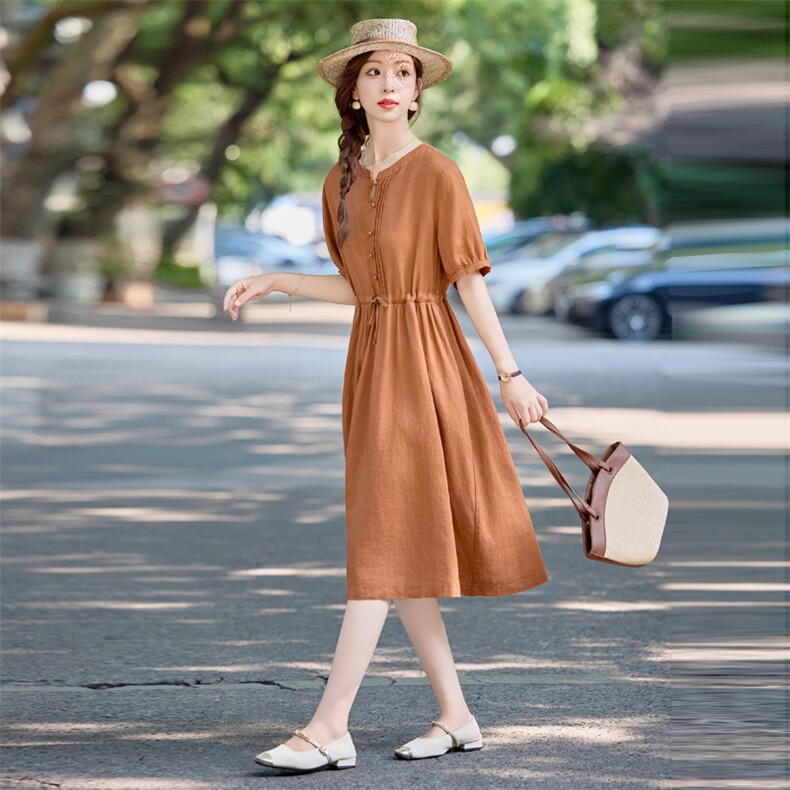 短袖连衣裙女夏2025新款小个子休闲宽松收腰显瘦洋气时尚减龄裙子,女装连衣裙,依万里