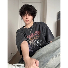 抖音得物供货240克重磅现货宽松美式纯棉水洗做旧印花T恤ATSX11，男装T恤，电商A443