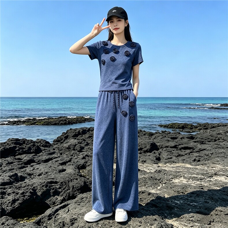 欧货时尚休闲运动套装夏季新款圆领立体花朵上衣直筒长裤两件套潮,女装套装/套裙,江南
