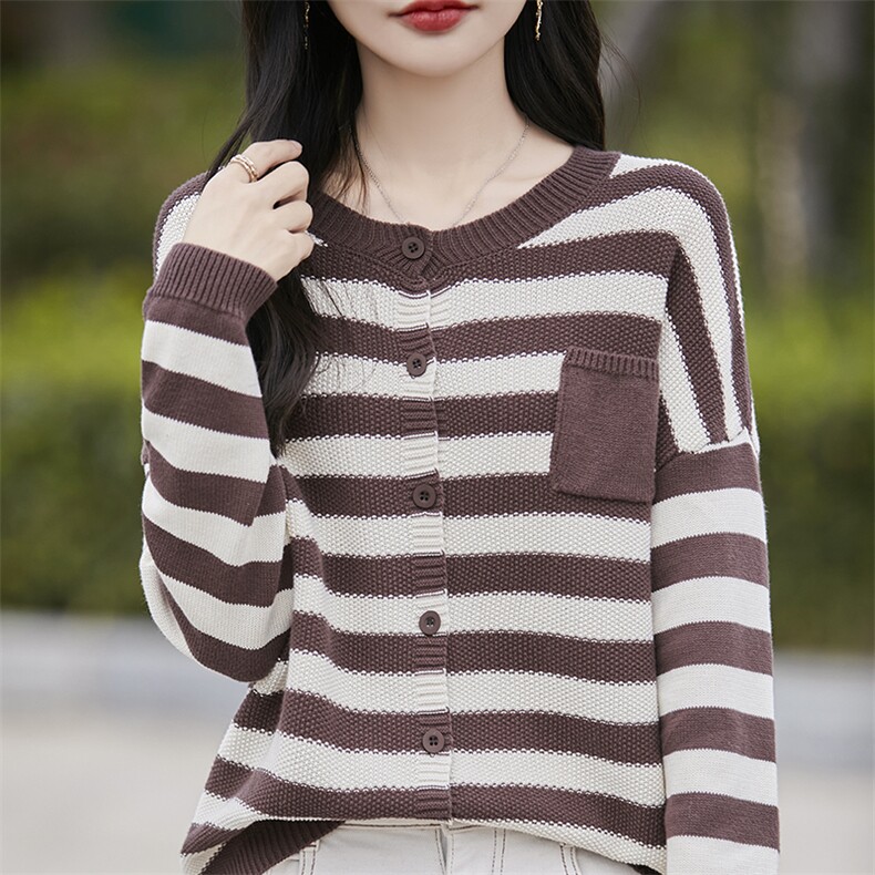 100%纯棉针织开衫女圆领条纹拼色加厚针织衫毛衣宽松带兜棉麻外套,针织衫/毛衣,斯美雅电商供货