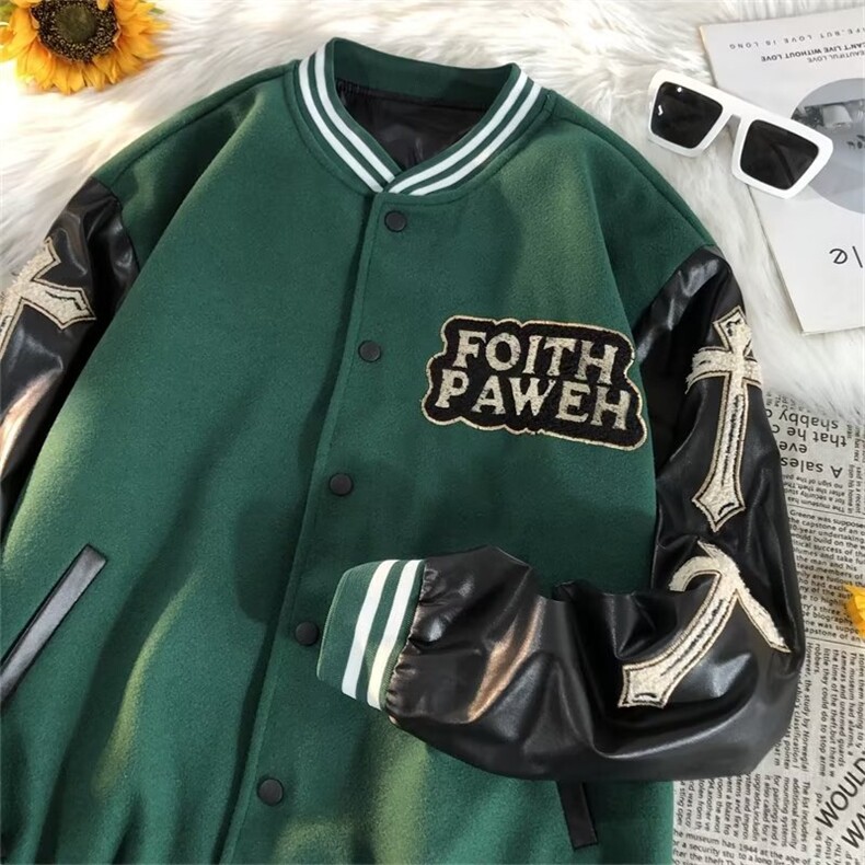 高街美式复古十字架刺绣棒球服男拼皮潮牌休闲夹克外套WT445-P60,男装夹克,星座1008