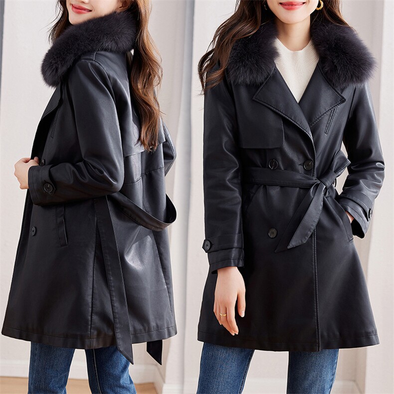 加绒皮衣女中长款2023新款秋冬韩版高级感气质西装领加厚风衣外套，女装皮衣，江南女神