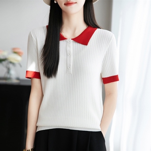 2025夏季新款POLO领拼色冰丝正肩短袖女修身显瘦轻薄百搭T恤上衣图片