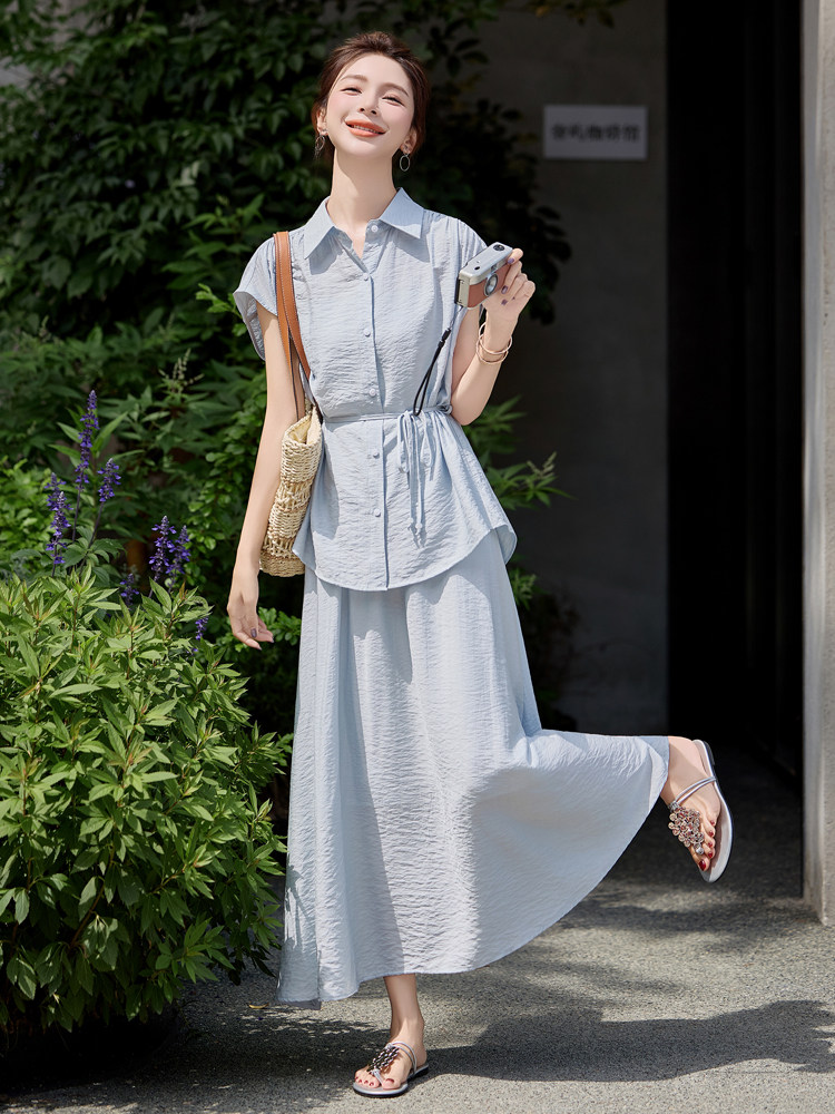 优雅新中潮夏日裙两件套女2025夏季新款设计感衬衫半身裙套装显瘦,女装套装/套裙,意芙