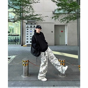 美式春秋水洗做旧百搭阔腿宽松男士工装直筒伞兵裤迷彩口袋休闲裤图片