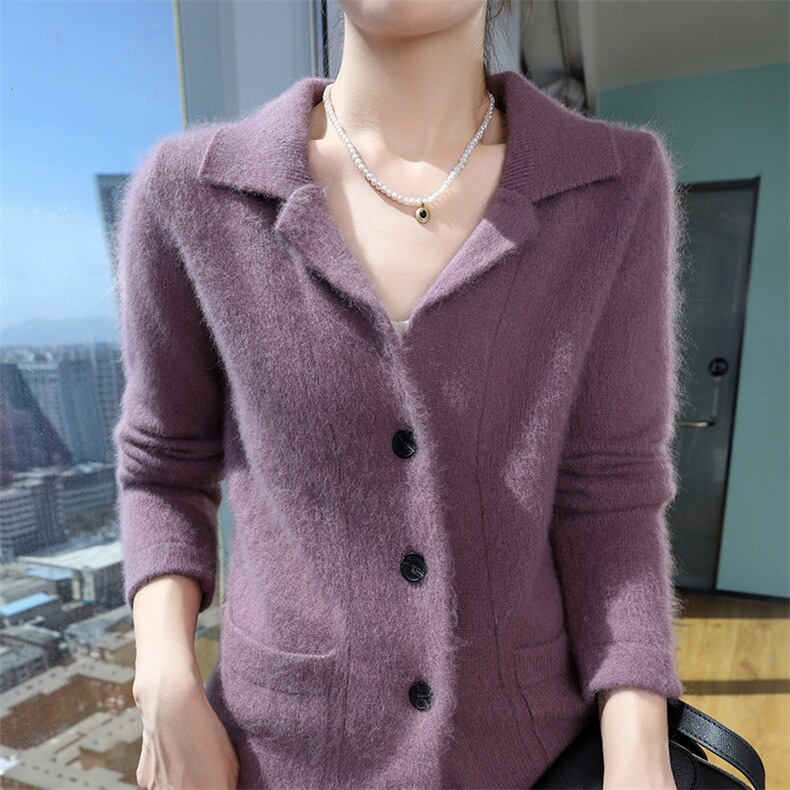 秋冬季新款舒适时尚百搭加厚西装领貂绒衫，女装针织衫/毛衣，冬贝尔貂绒