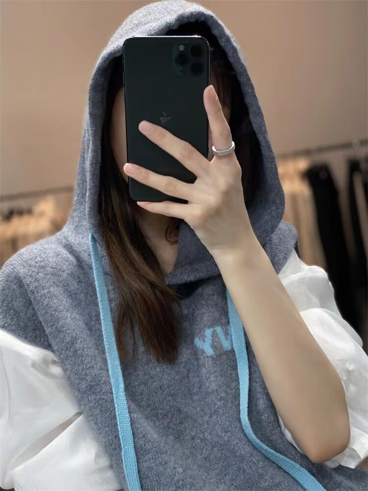 新款连帽抽绳无袖针织衫女马甲背心外穿纯色内搭毛衣,女装马甲,千御纺羊绒