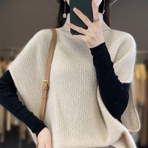 秋冬新款100%羊毛衫马甲女高领蝙蝠袖坎肩宽松慵懒羊绒衫针织毛衣