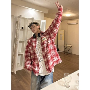 网图有货 拼接长袖衬衫红格子贴布刺绣毛呢夹克外套男女 A987-P48图片