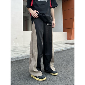 灯芯绒拼接撞色休闲直筒西裤男款美式高街潮牌痞帅宽松阔腿弯刀裤图片