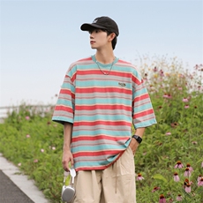 2024夏季潮牌百搭宽松短袖男日系复古撞色条纹T恤现货T1813-P52，男装T恤，星座512-4