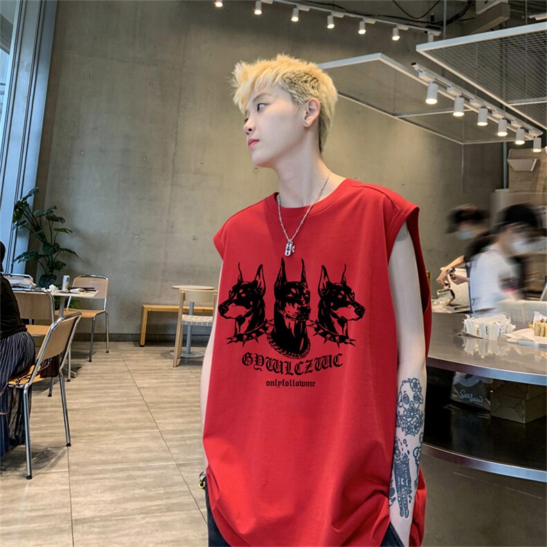 24夏季美式运动坎肩背心港风T恤男宽松落肩无袖CB425特P19控38,男装T恤,电商B370