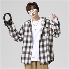 2021秋季新无影墙港风大码男百搭休闲连帽格子衬衫C526-P45，男装衬衫，电商A001