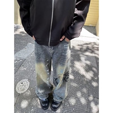 美式vintage涂鸦牛仔裤男潮牌水洗宽松阔腿裤春秋季痞帅休闲长裤，男装牛仔裤，星座601-1