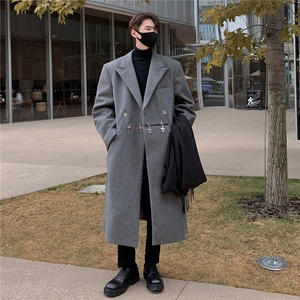 现货 毛呢大衣金属飞机扣设计加棉加厚长款风衣外套男H908 P138图片