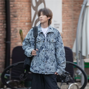 春季牛仔外套男女潮牌提花翻领夹克韩版宽松印花休闲上衣3731/75图片