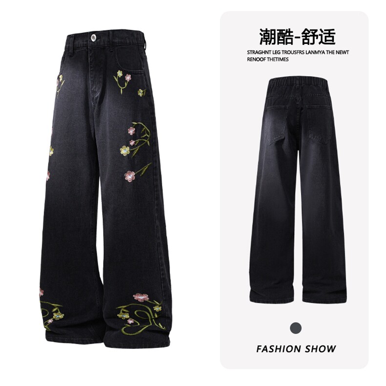 B221 美式ins高街暗黑绣花宽松直筒牛仔裤LK25581-特P45控78图片