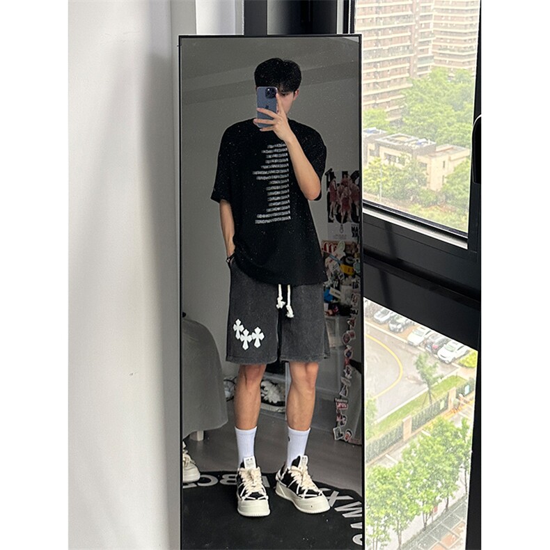 港风纯棉320G重磅水洗做旧发泡印花短裤A014-DY2331-P45控58,男装牛仔裤,电商A014