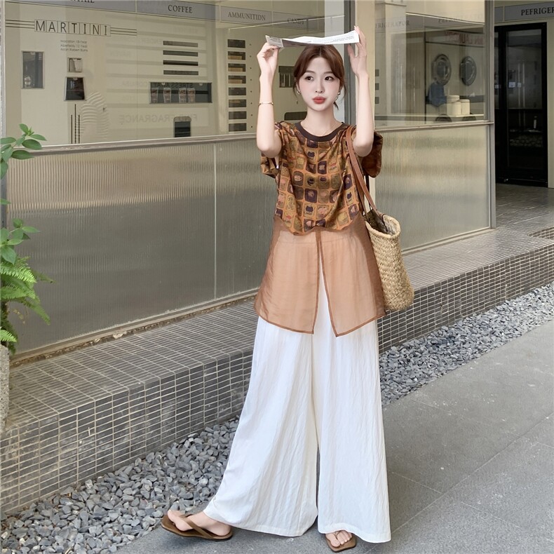 新中式国风套装女2025夏季新款圆领碎花无袖网纱开叉拼接衬衫上衣,女装套装/套裙,2B219