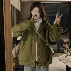 A339-P98军绿色华夫格oversize连帽棒球服春秋设计感新款外套，女装短外套，星座911