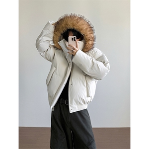 现货三防重磅硬挺boxy短款羽绒棉衣座山雕大毛毛领PU皮棉服外套冬图片