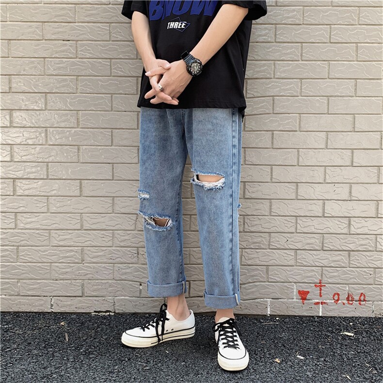 夏季韩版休闲牛仔前后破洞九分裤港风男宽松直筒9分裤,男装牛仔裤,星座1008