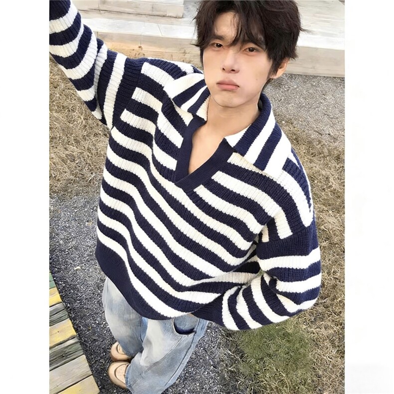 领海军蓝老钱松弛感条纹毛衣男针织衫,男装针织衫/毛衣,四季星座505