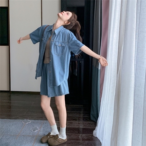 现货！牛仔套装女夏季牛仔短袖高腰短裤两件套2C212-G86-P135-188图片