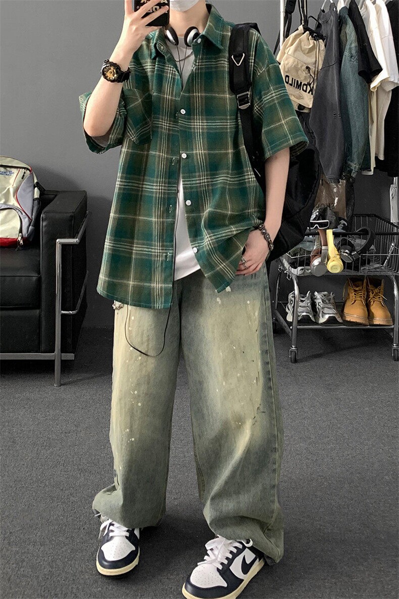 夏季韩版潮流复古格子短袖衬衫翻领帅气衬衣DSA157B-CS4231-P38,男装T恤,电商A157B