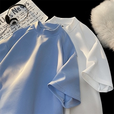 250克有氧棉半高领插肩袖小众设计感夏季纯色短袖T恤男士上衣P22，男装T恤，电商C306-1