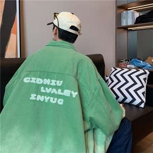 高街hiphop字母刺绣工装夹克秋季新款绿色渐变牛仔外套W6087-P67图片