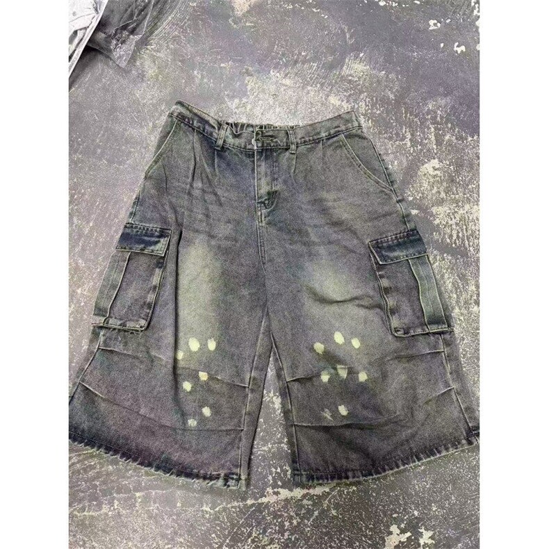原版质量工装阔腿牛仔裤男女秋冬款高街设计感宽松显瘦高腰短裤,男装牛仔裤,星座613