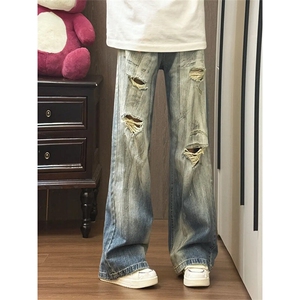 ！美式复古脏脏水洗破洞宽松牛仔裤图片