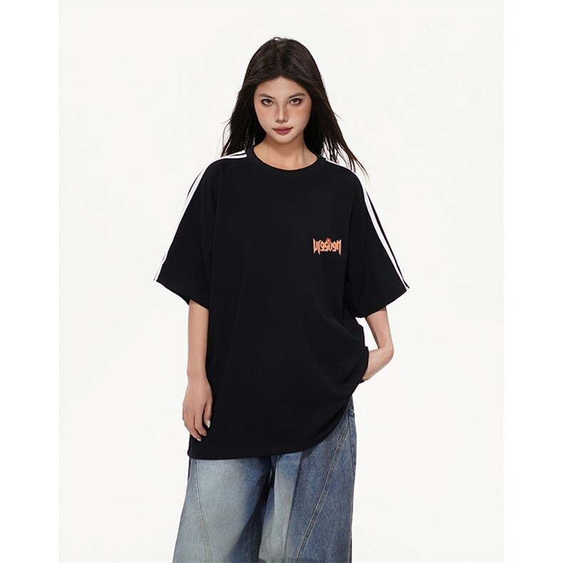 抖音得物高品质二开240克宽松纯棉美式潮牌三条杠织带短袖T恤，男装T恤，电商A486-1