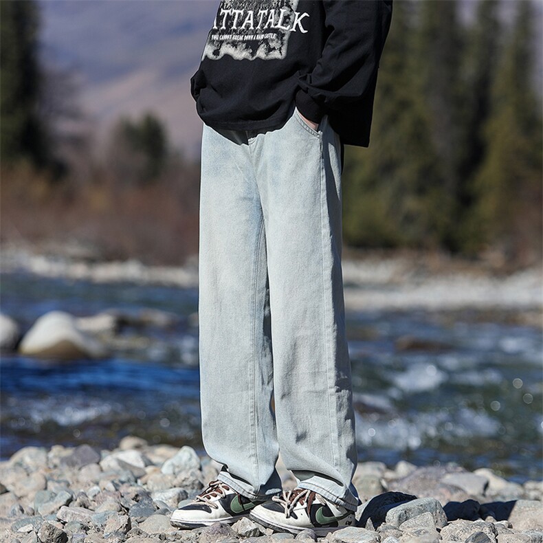 港风做旧高街直筒牛仔裤男士宽松休闲韩版潮流休闲阔腿长裤子P50，男装牛仔裤，星座205-1