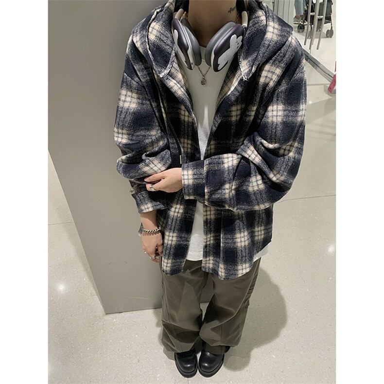 磨毛格子连帽上衣男春秋季青少年潮牌格纹长袖衬衫情侣款休闲外套,男装衬衫,电商D232